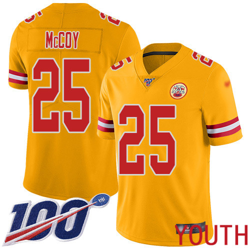 Youth Kansas City Chiefs #25 McCoy LeSean Limited Gold Inverted Legend 100th Season Football Nike NFL Jersey->youth nfl jersey->Youth Jersey